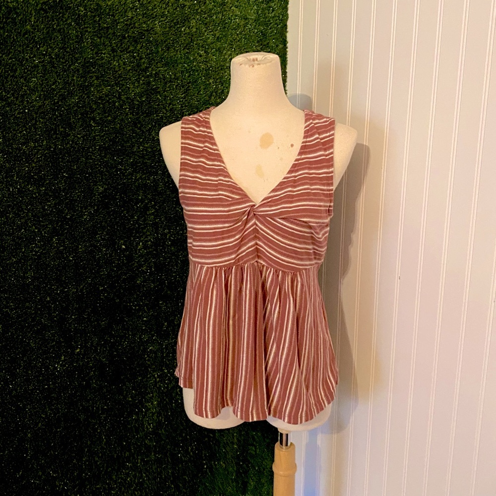 Lucky Brand V-Neck Top with Twist & Pin Tuck Detail - Red & White Stripe